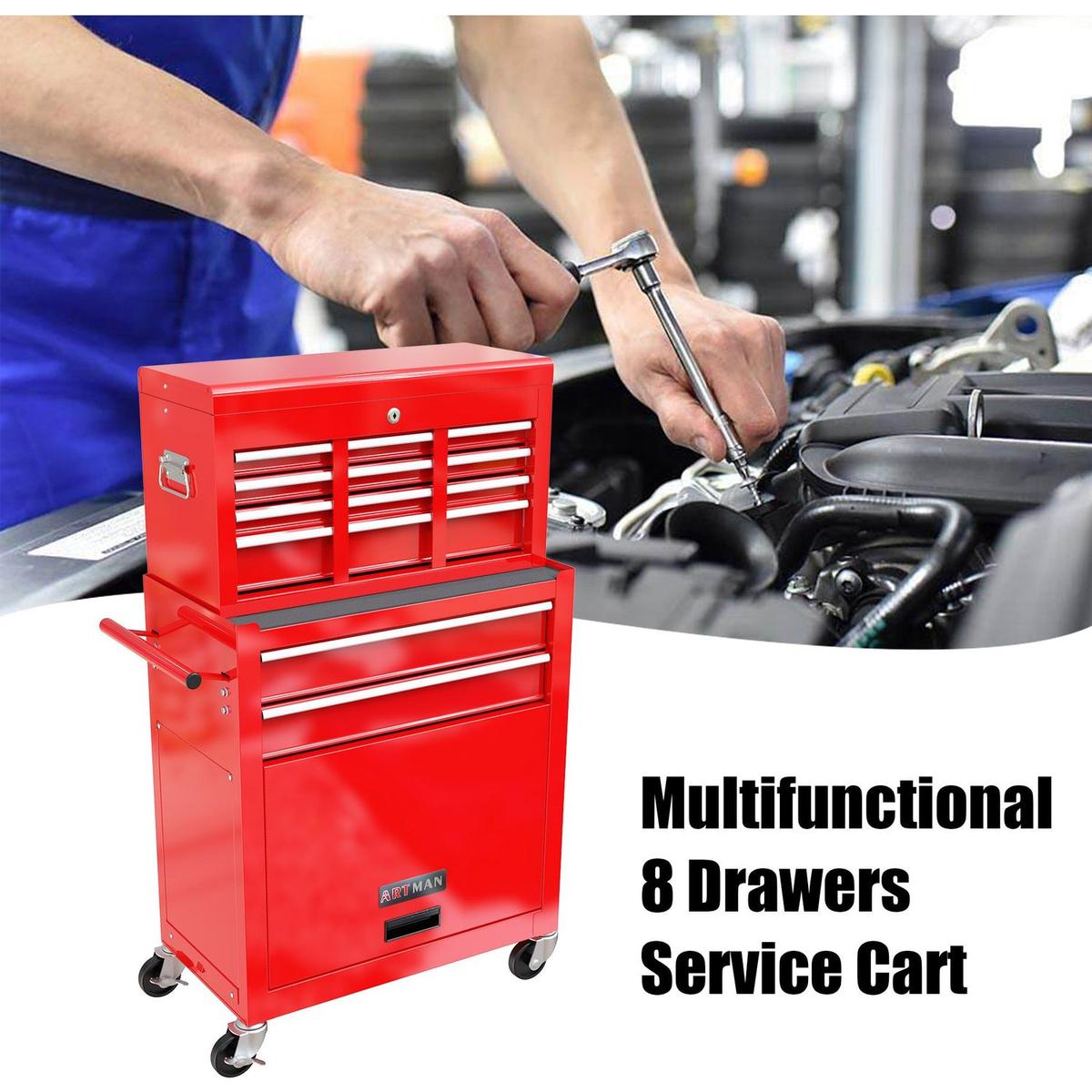 High Capacity Rolling Tool Chest with Wheels and Drawers, 8-Drawer Tool Storage Cabinet--RED
