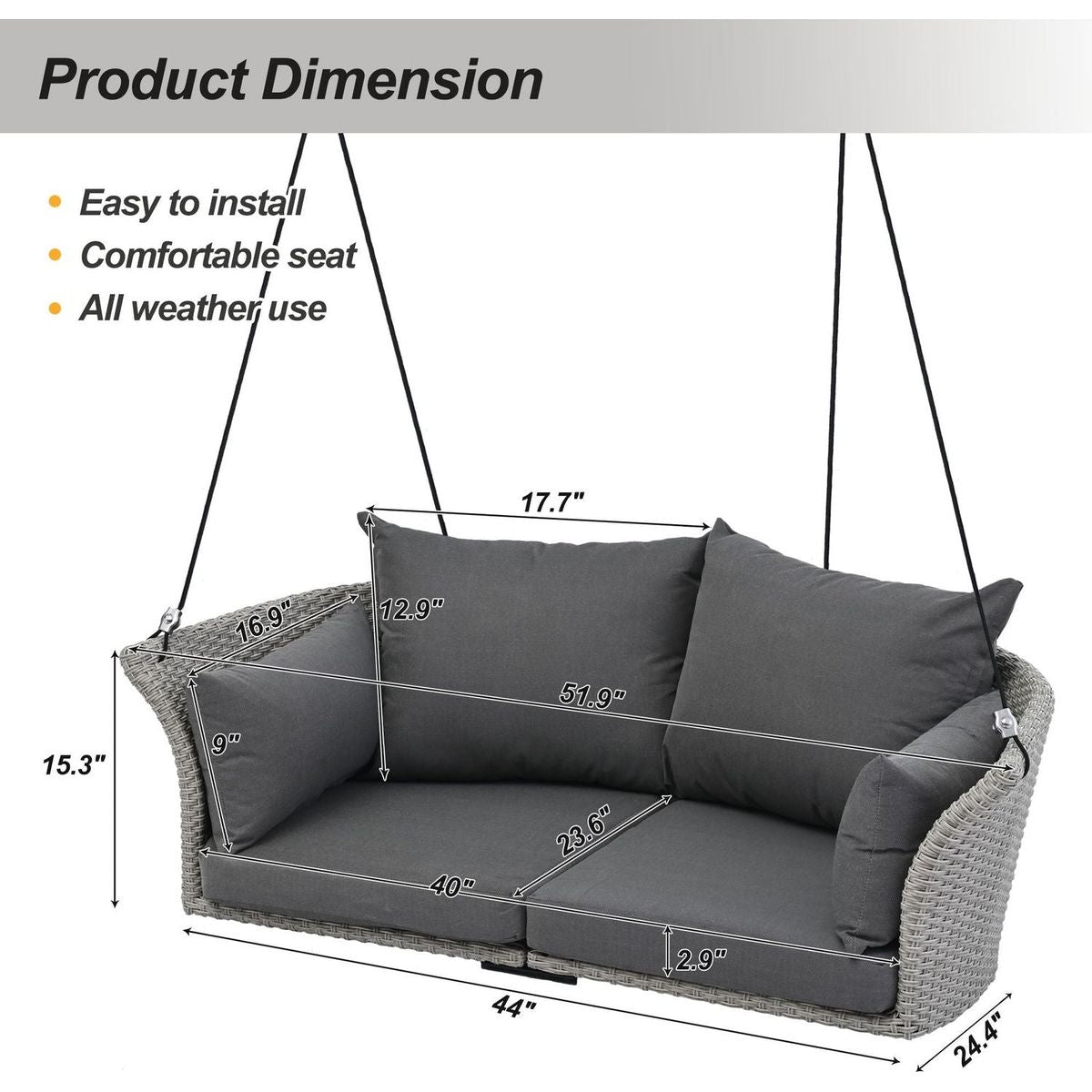 51.9" 2-Person Hanging Seat, Rattan Woven Swing Chair, Porch Swing With Ropes, Gray Wicker And Cushion