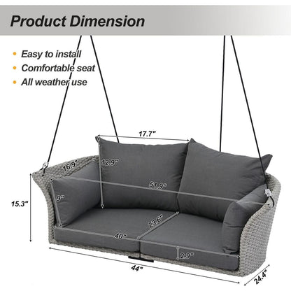 51.9" 2-Person Hanging Seat, Rattan Woven Swing Chair, Porch Swing With Ropes, Gray Wicker And Cushion