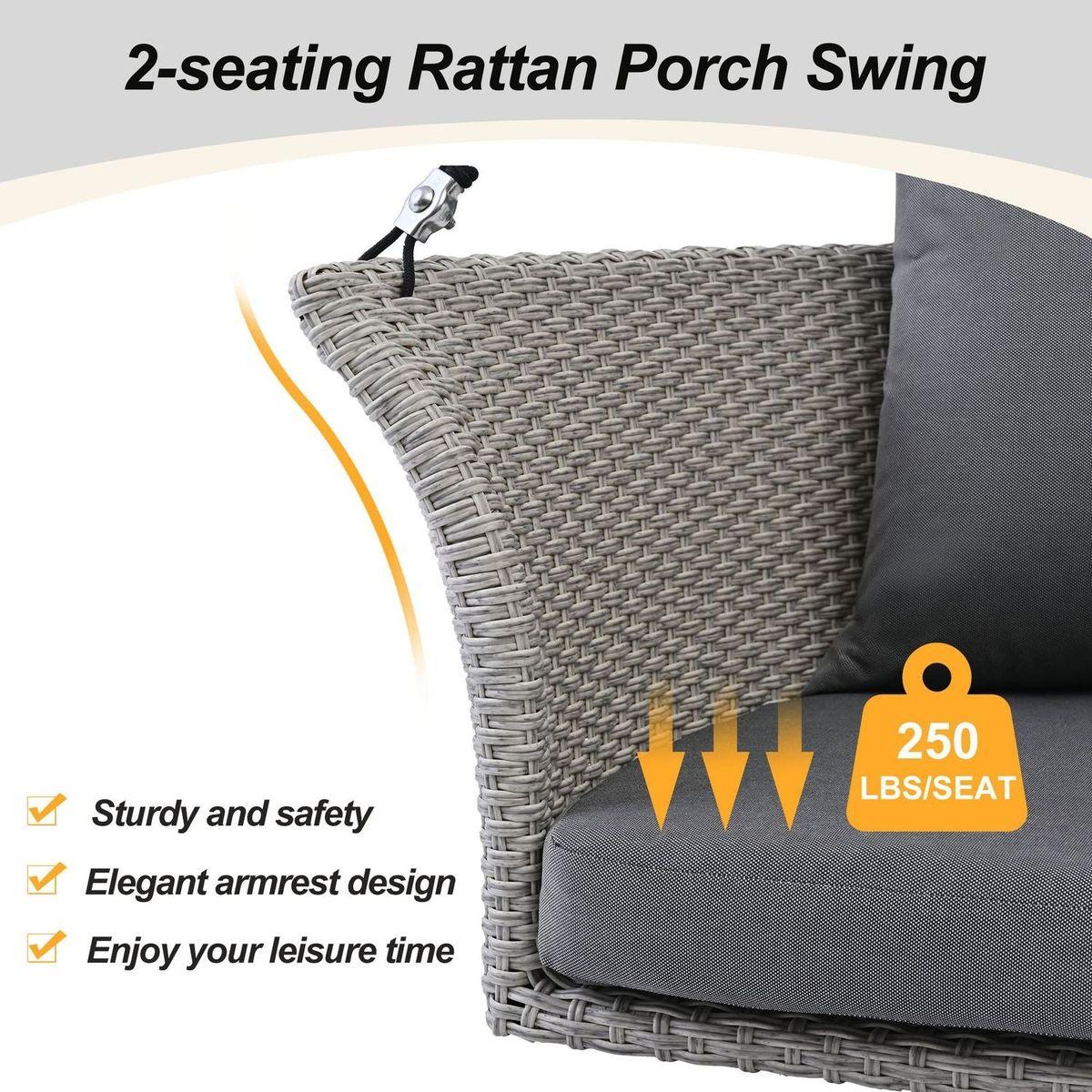 51.9" 2-Person Hanging Seat, Rattan Woven Swing Chair, Porch Swing With Ropes, Gray Wicker And Cushion