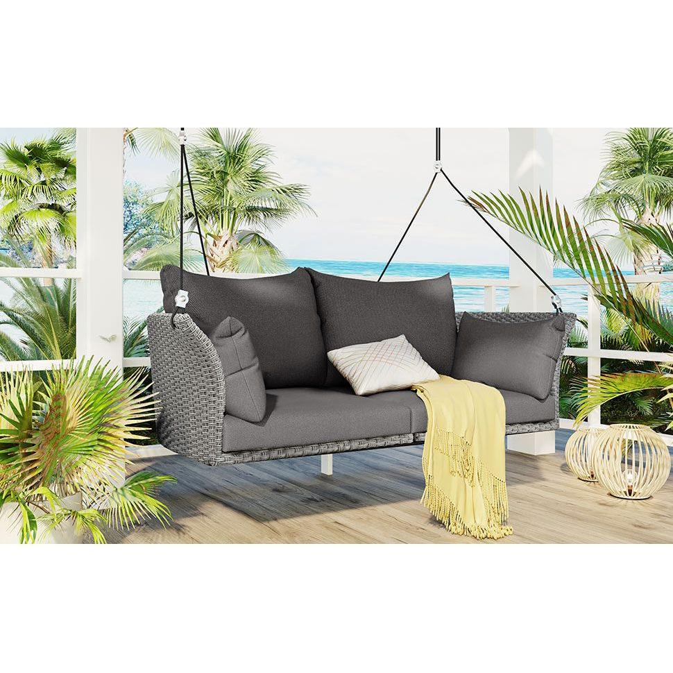 51.9" 2-Person Hanging Seat, Rattan Woven Swing Chair, Porch Swing With Ropes, Gray Wicker And Cushion