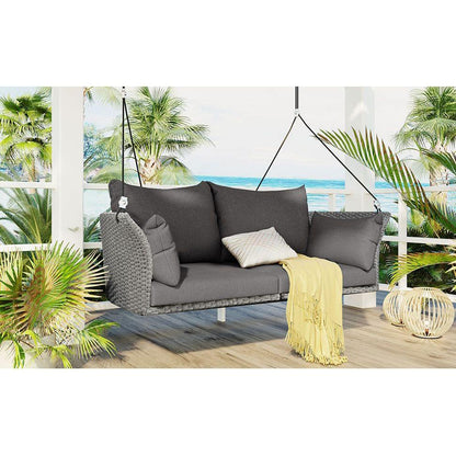 51.9" 2-Person Hanging Seat, Rattan Woven Swing Chair, Porch Swing With Ropes, Gray Wicker And Cushion