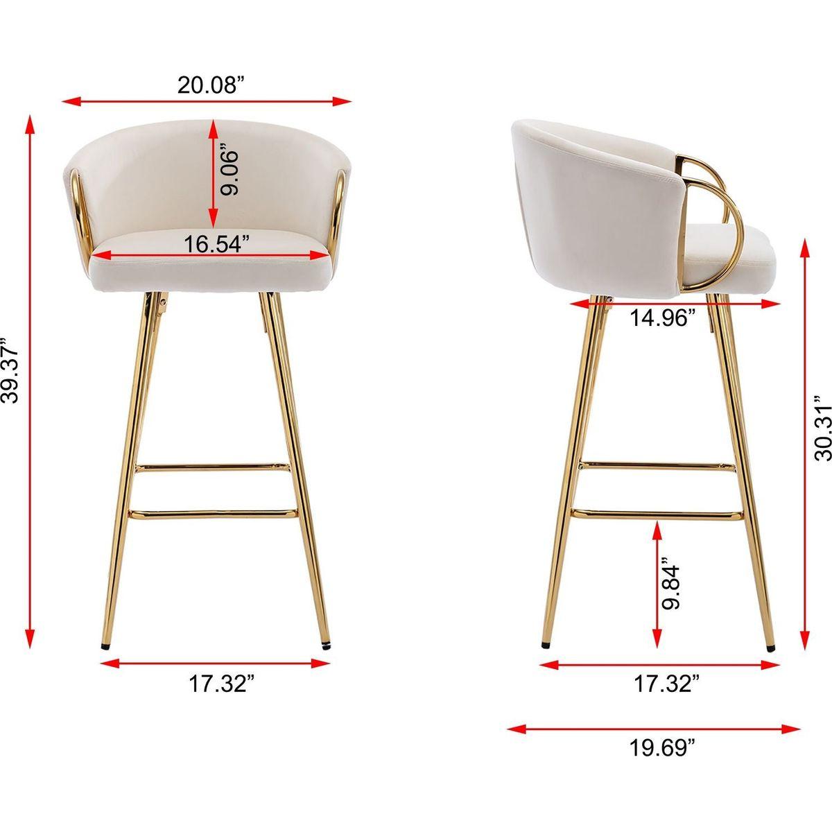30 Inch Set of 2 Bar Stools,with Chrome Footrest and Base Velvet + Golden Leg Simple Bar Stool,CREAM