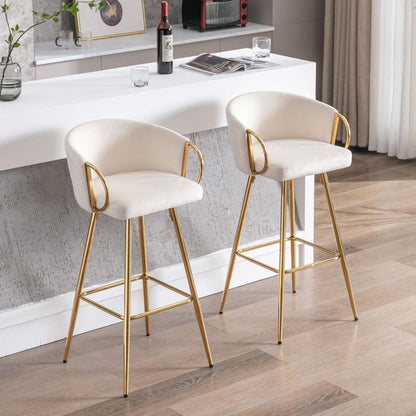 30 Inch Set of 2 Bar Stools,with Chrome Footrest and Base Velvet + Golden Leg Simple Bar Stool,CREAM