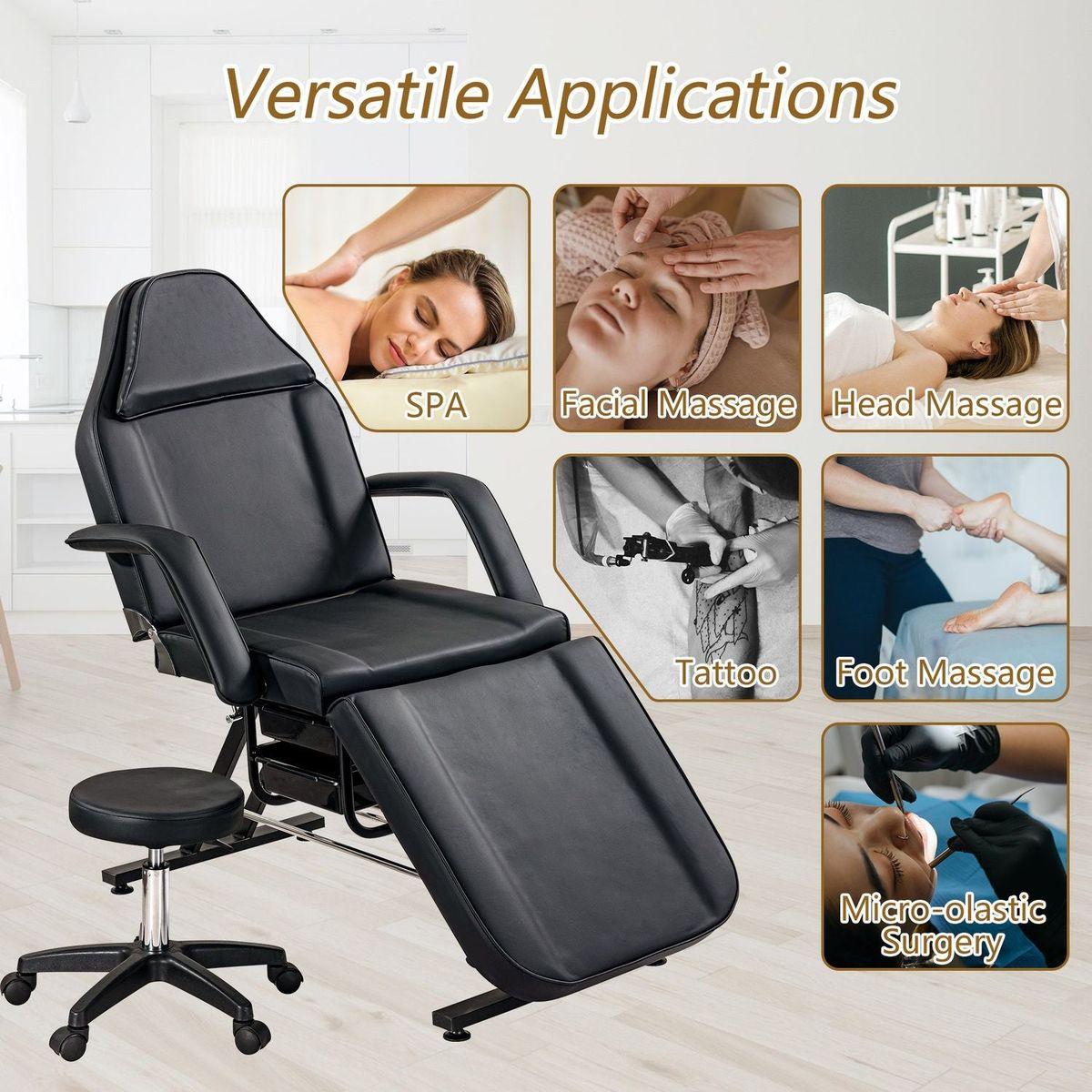 Massage Salon Tattoo Chair with Two Trays Esthetician Bed with Hydraulic Stool,Multi-Purpose 3-Section Facial Bed Table, Adjustable Beauty Barber Spa Beauty Equipment, Black