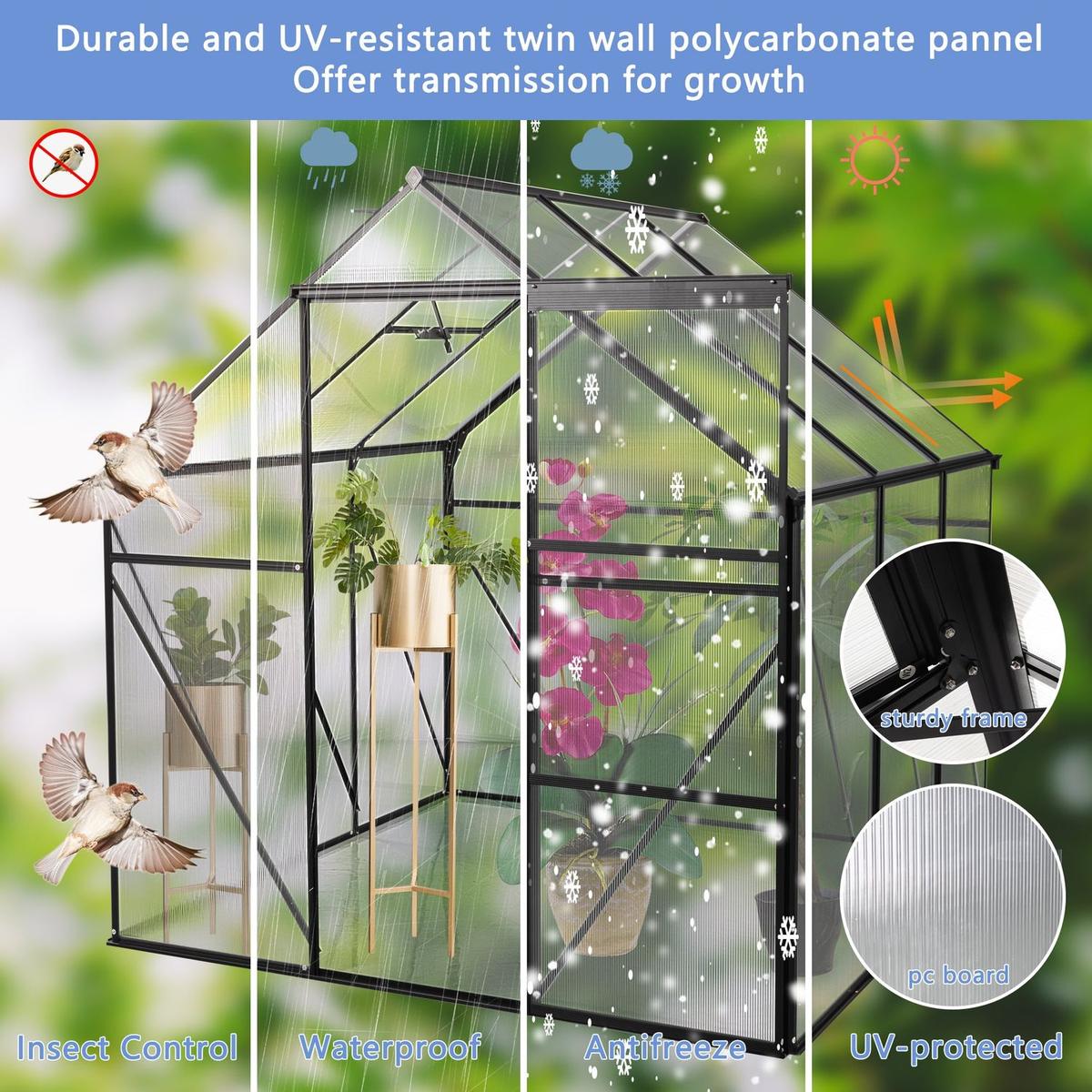 6X6FT-BLACK Polycarbonate Greenhouse Raised Base and Anchor Aluminum Heavy Duty Walk-in Greenhouses for Outdoor Backyard in All Season