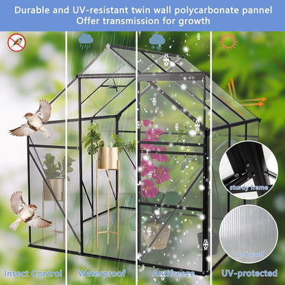 6X6FT-BLACK Polycarbonate Greenhouse Raised Base and Anchor Aluminum Heavy Duty Walk-in Greenhouses for Outdoor Backyard in All Season