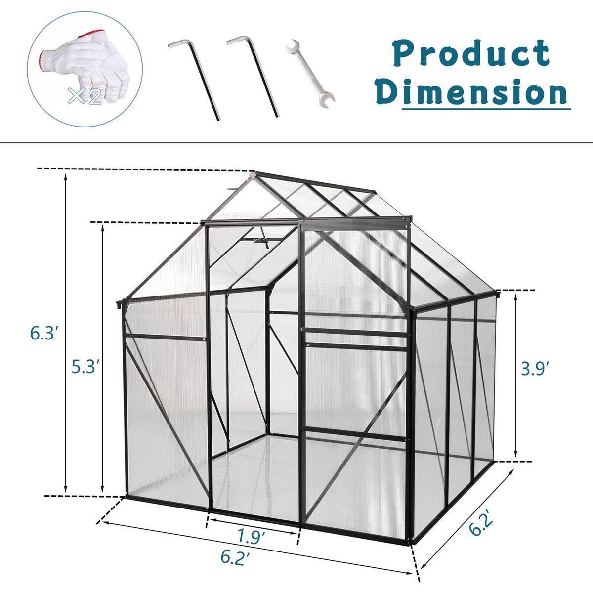 6X6FT-BLACK Polycarbonate Greenhouse Raised Base and Anchor Aluminum Heavy Duty Walk-in Greenhouses for Outdoor Backyard in All Season