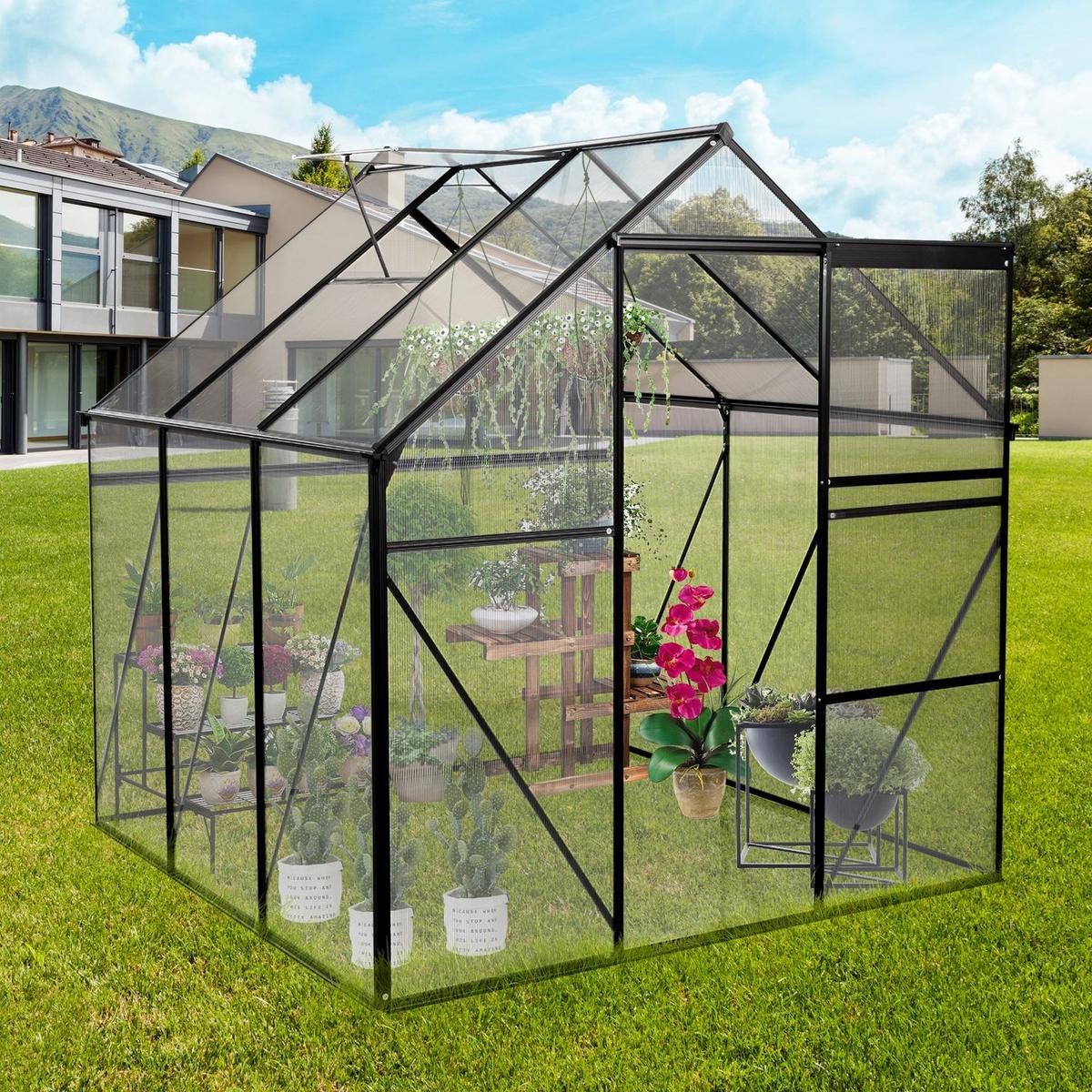 6X6FT-BLACK Polycarbonate Greenhouse Raised Base and Anchor Aluminum Heavy Duty Walk-in Greenhouses for Outdoor Backyard in All Season