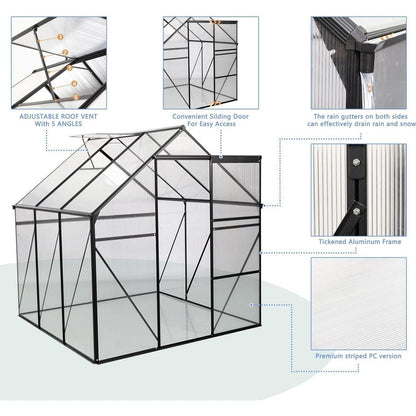 6X6FT-BLACK Polycarbonate Greenhouse Raised Base and Anchor Aluminum Heavy Duty Walk-in Greenhouses for Outdoor Backyard in All Season