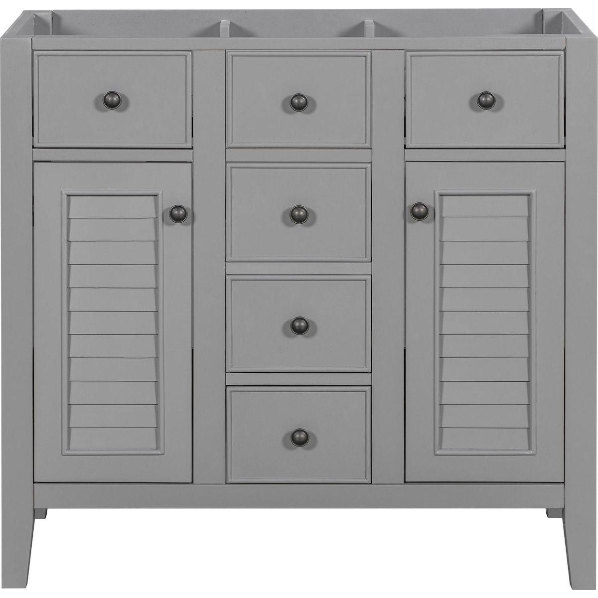 36" Bathroom Vanity without Sink, Cabinet Base Only, Two Cabinets and Five Drawers, Solid Wood Frame, Grey