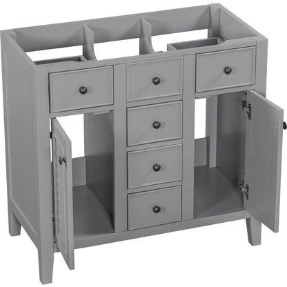 36" Bathroom Vanity without Sink, Cabinet Base Only, Two Cabinets and Five Drawers, Solid Wood Frame, Grey