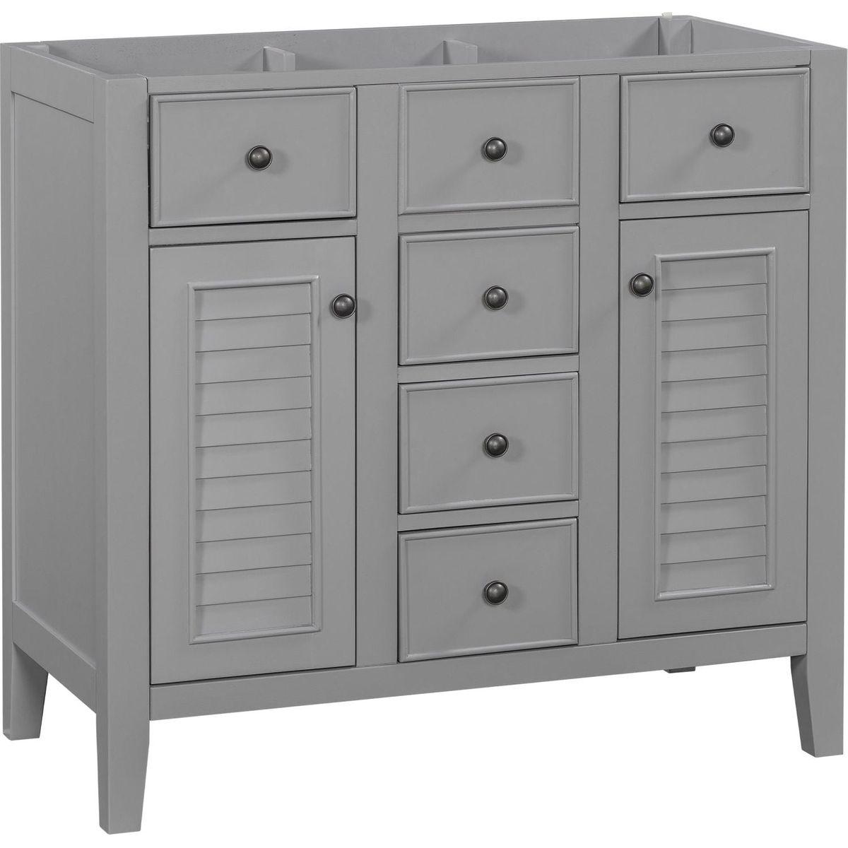 36" Bathroom Vanity without Sink, Cabinet Base Only, Two Cabinets and Five Drawers, Solid Wood Frame, Grey