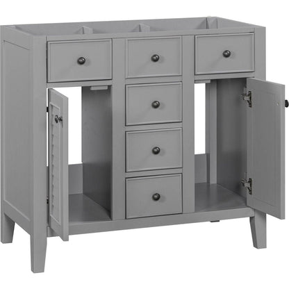 36" Bathroom Vanity without Sink, Cabinet Base Only, Two Cabinets and Five Drawers, Solid Wood Frame, Grey