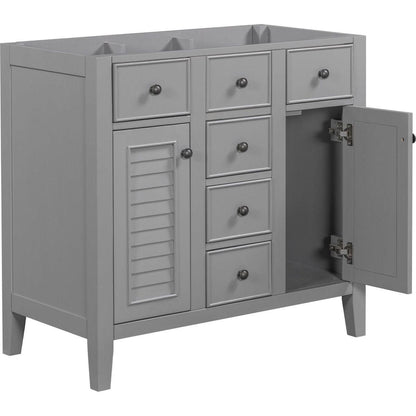 36" Bathroom Vanity without Sink, Cabinet Base Only, Two Cabinets and Five Drawers, Solid Wood Frame, Grey