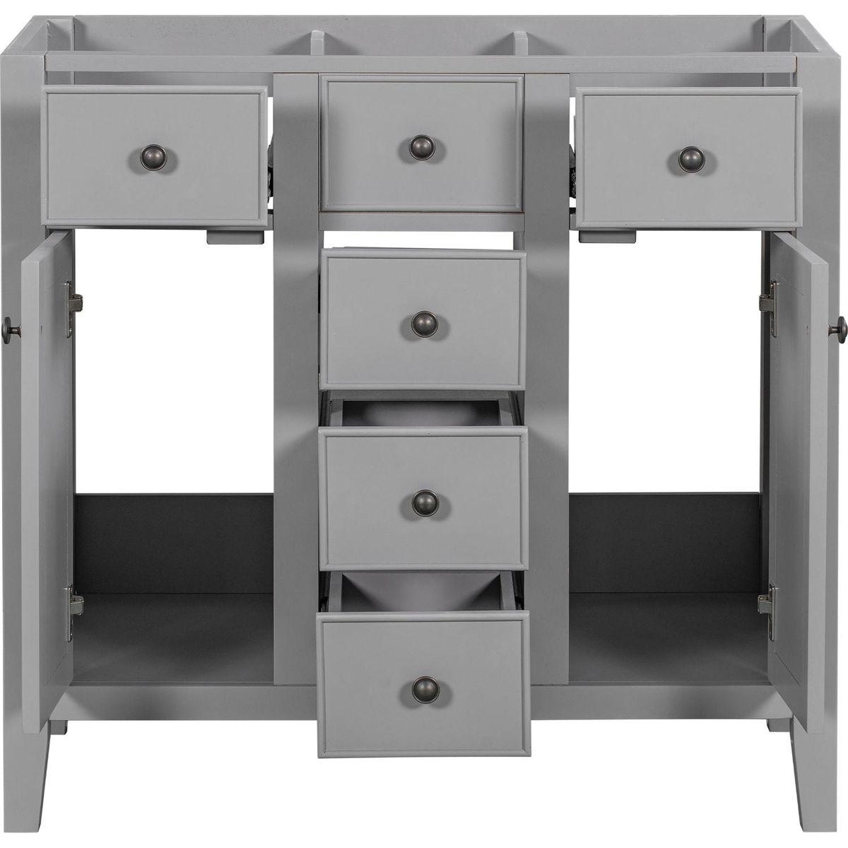 36" Bathroom Vanity without Sink, Cabinet Base Only, Two Cabinets and Five Drawers, Solid Wood Frame, Grey