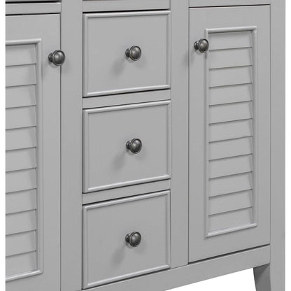 36" Bathroom Vanity without Sink, Cabinet Base Only, Two Cabinets and Five Drawers, Solid Wood Frame, Grey