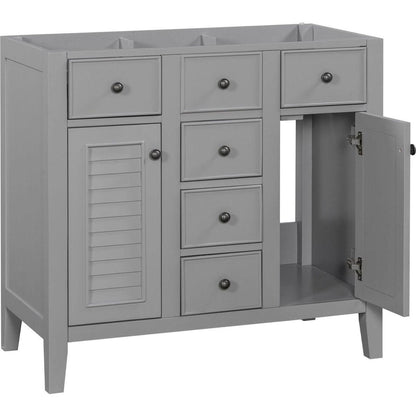 36" Bathroom Vanity without Sink, Cabinet Base Only, Two Cabinets and Five Drawers, Solid Wood Frame, Grey