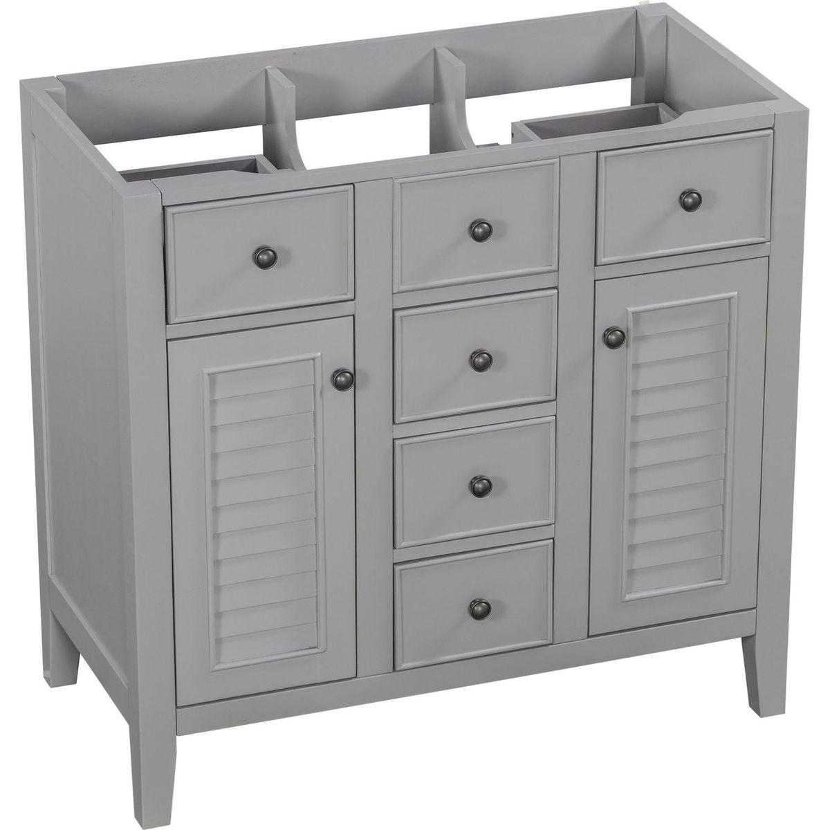 36" Bathroom Vanity without Sink, Cabinet Base Only, Two Cabinets and Five Drawers, Solid Wood Frame, Grey