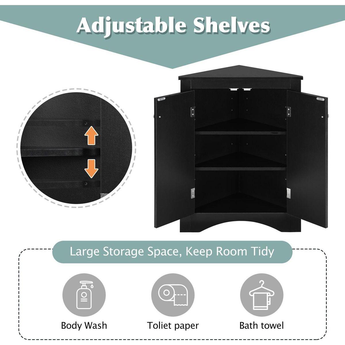 Black Triangle Bathroom Storage Cabinet with Adjustable Shelves, Freestanding Floor Cabinet for Home Kitchen