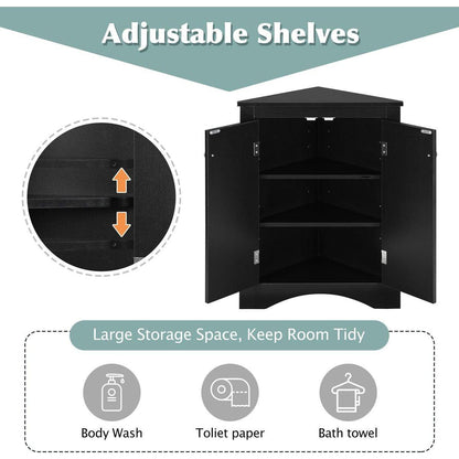 Black Triangle Bathroom Storage Cabinet with Adjustable Shelves, Freestanding Floor Cabinet for Home Kitchen
