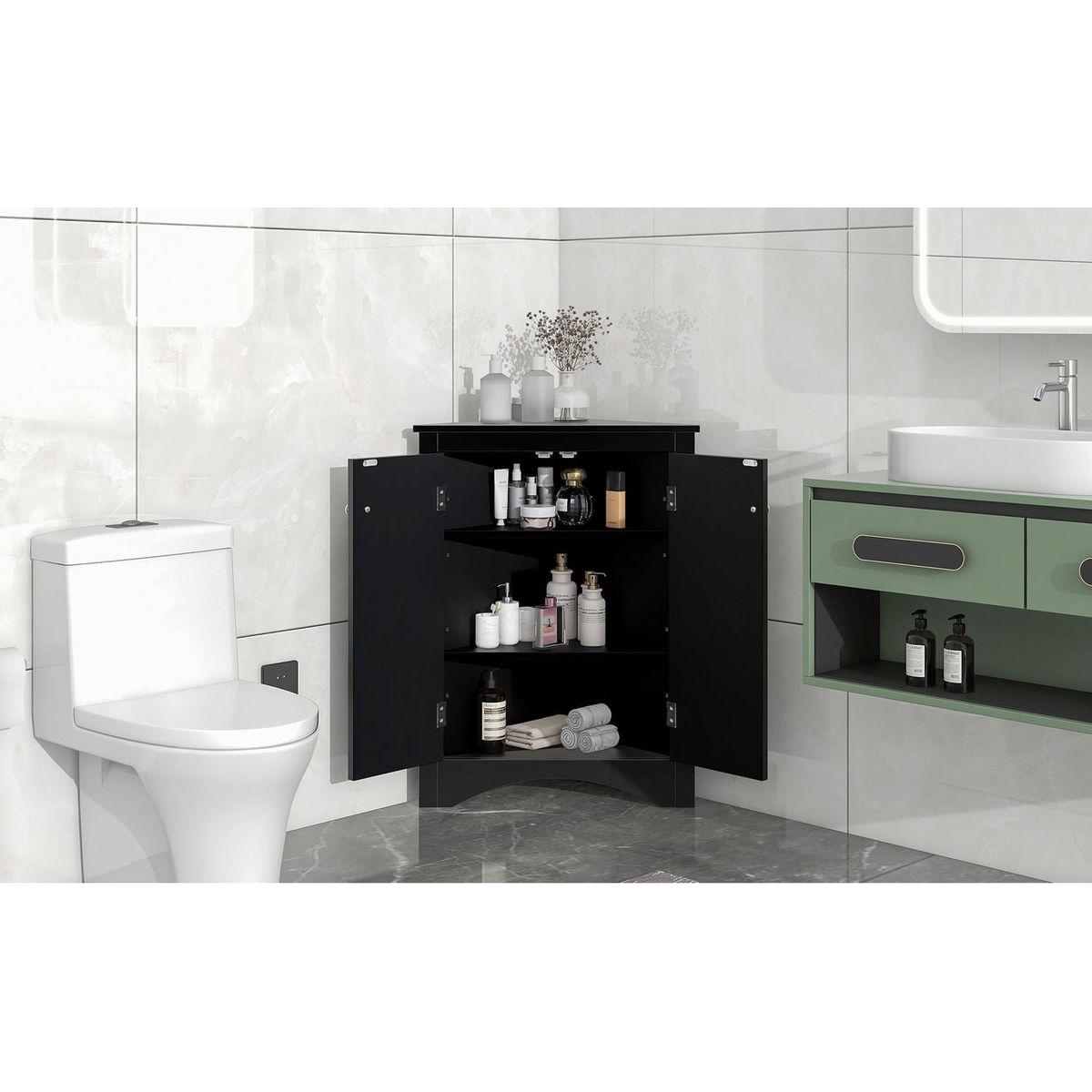 Black Triangle Bathroom Storage Cabinet with Adjustable Shelves, Freestanding Floor Cabinet for Home Kitchen