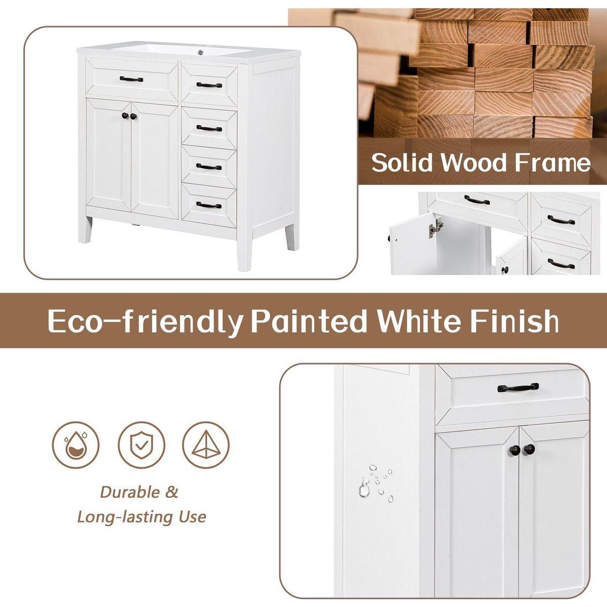 36" Bathroom Vanity without Sink, Cabinet Base Only, Bathroom Cabinet with Drawers, Solid Frame and MDF Board, White