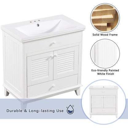 30" Bathroom Vanity with Sink, Bathroom Cabinet with Two Doors and One Drawer, White