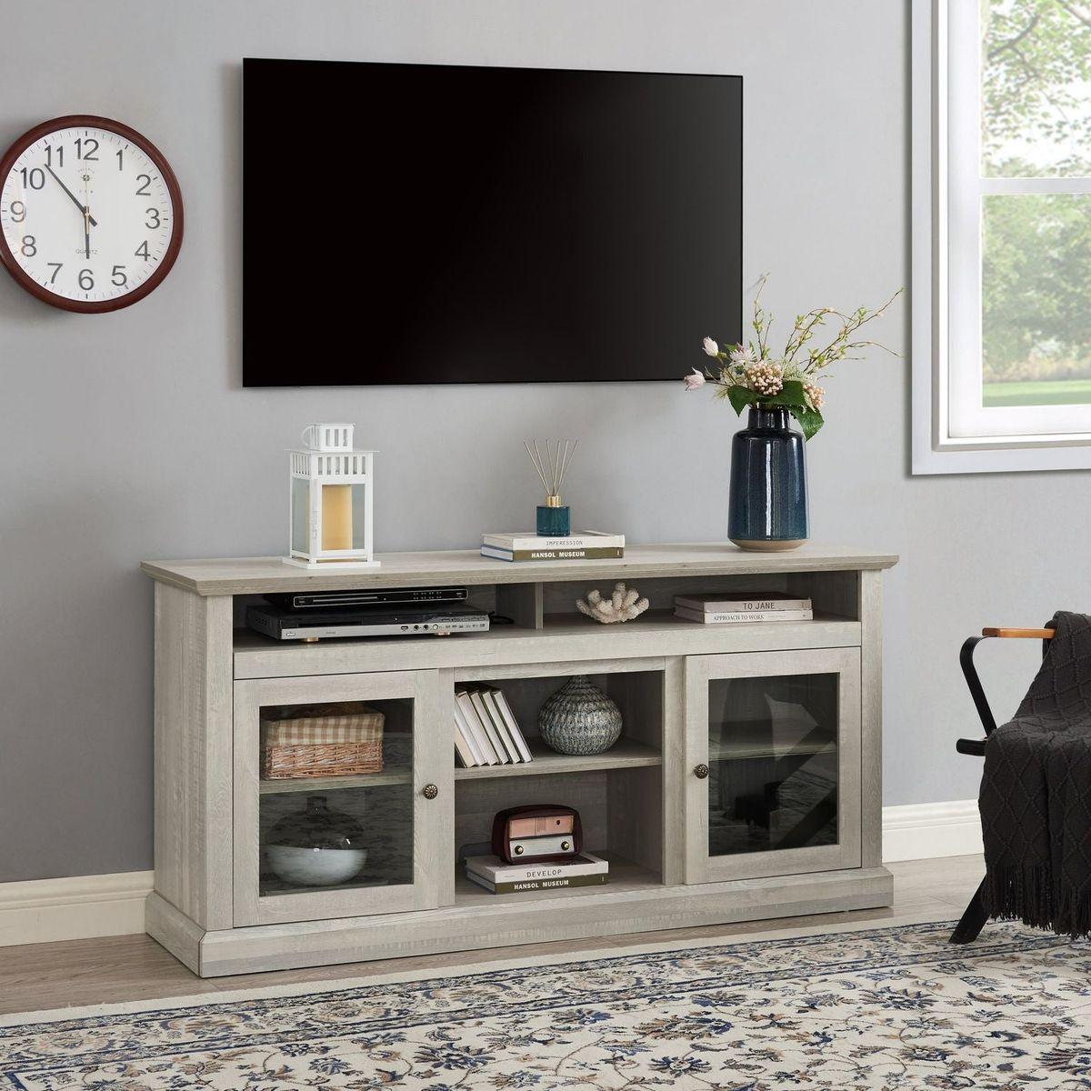 Contemporary TV Media Stand Modern Entertainment Console for TV Up to 65" with Open and Closed Storage Space, Stone Gray, 60"Wx15.75"Dx29"H