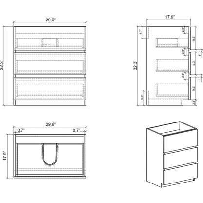 Alice-30F-102,Floor cabinet WITHOUT basin, Gray color, With three drawers, Pre-assembled