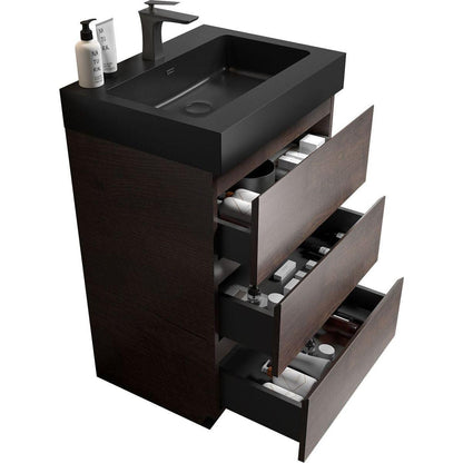 Alice 24" Walnut Bathroom Vanity with Sink, Large Storage Freestanding Bathroom Vanity for Modern Bathroom, One-Piece Black Sink Basin without Drain and Faucet, Pre-assembled