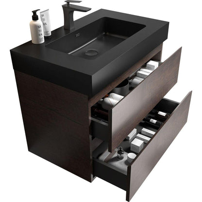 Alice 30" Walnut Bathroom Vanity with Sink, Large Storage Wall Mounted Floating Bathroom Vanity for Modern Bathroom, One-Piece Black Sink Basin without Drain and Faucet, Pre-assembled