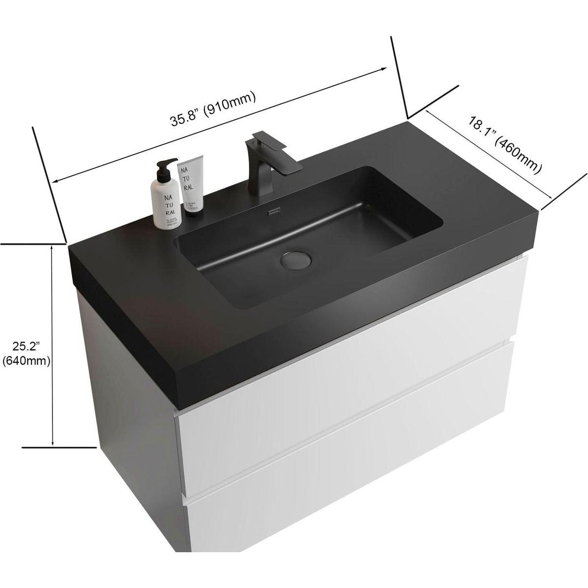 Alice 36" White Bathroom Vanity with Sink, Large Storage Wall Mounted Floating Bathroom Vanity for Modern Bathroom, One-Piece Black Sink Basin without Drain and Faucet, Pre-assembled