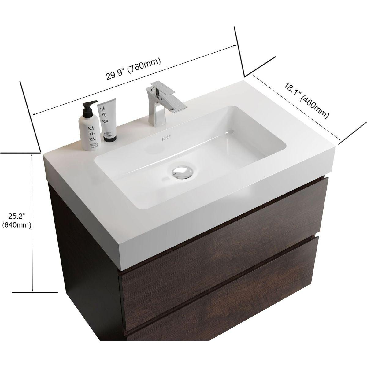 Alice 30" Walnut Bathroom Vanity with Sink, Large Storage Wall Mounted Floating Bathroom Vanity for Modern Bathroom, One-Piece White Sink Basin without Drain and Faucet, Pre-assembled