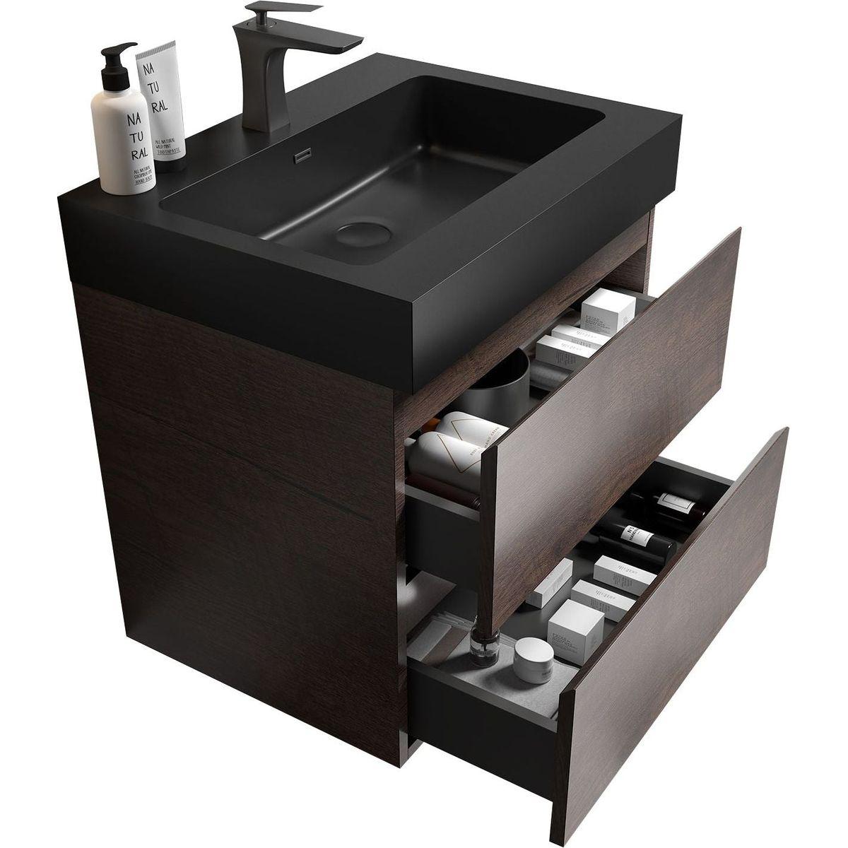 Alice 24" Walnut Bathroom Vanity with Sink, Large Storage Wall Mounted Floating Bathroom Vanity for Modern Bathroom, One-Piece Black Sink Basin without Drain and Faucet, Pre-assembled