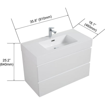 Alice 36" White Bathroom Vanity with Sink, Large Storage Wall Mounted Floating Bathroom Vanity for Modern Bathroom, One-Piece White Sink Basin without Drain and Faucet, Pre-assembled