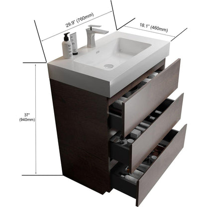 Alice 30" Walnut Bathroom Vanity with Sink, Large Storage Freestanding Bathroom Vanity for Modern Bathroom, One-Piece White Sink Basin without Drain and Faucet, Pre-assembled