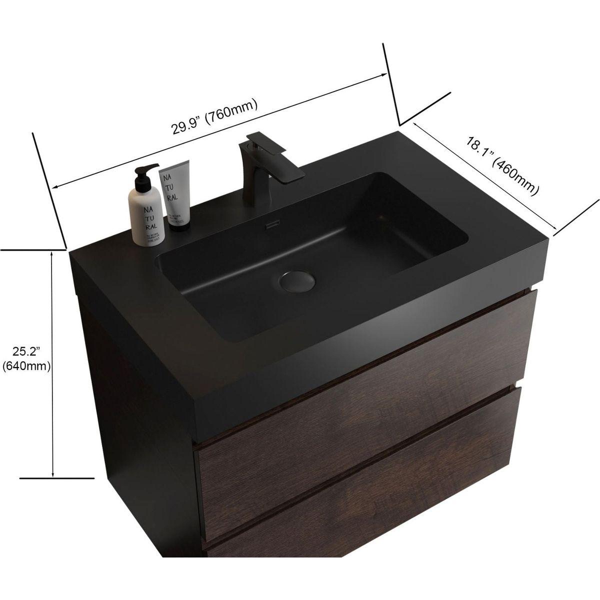 Alice 30" Walnut Bathroom Vanity with Sink, Large Storage Wall Mounted Floating Bathroom Vanity for Modern Bathroom, One-Piece Black Sink Basin without Drain and Faucet, Pre-assembled