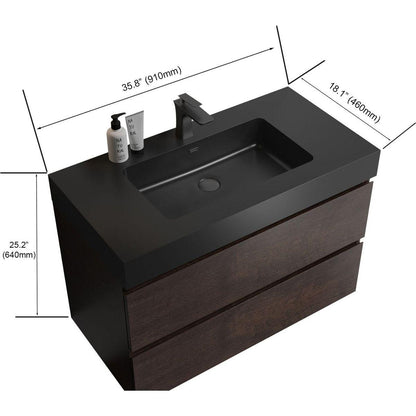 Alice 36" Walnut Bathroom Vanity with Sink, Large Storage Wall Mounted Floating Bathroom Vanity for Modern Bathroom, One-Piece Black Sink Basin without Drain and Faucet, Pre-assembled