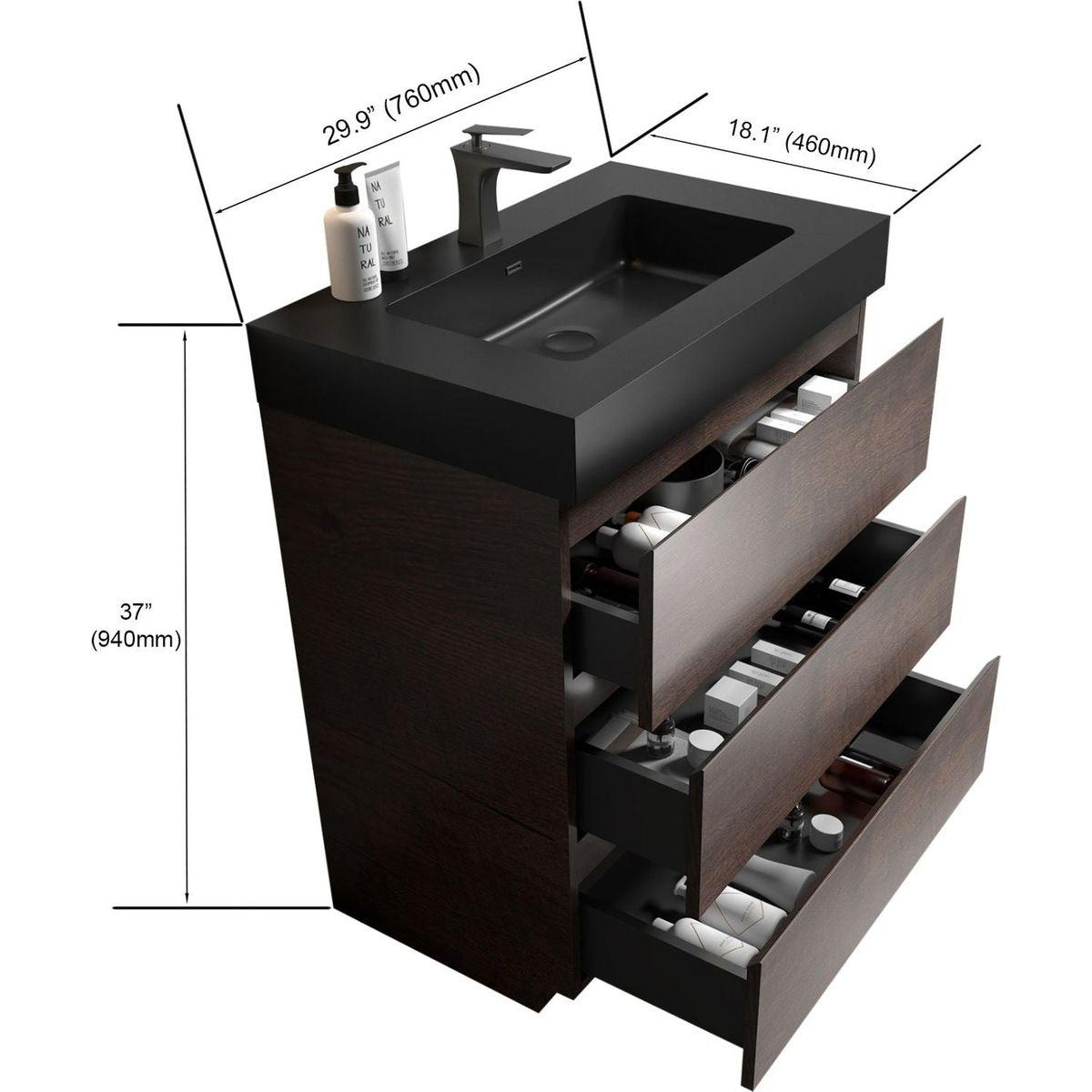 Alice 30" Walnut Bathroom Vanity with Sink, Large Storage Freestanding Bathroom Vanity for Modern Bathroom, One-Piece Black Sink Basin without Drain and Faucet, Pre-assembled