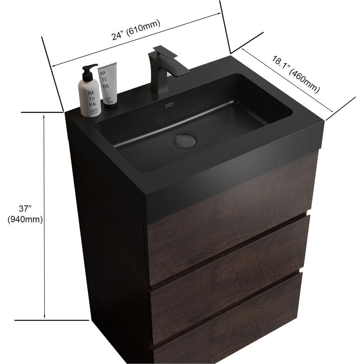 Alice 24" Walnut Bathroom Vanity with Sink, Large Storage Freestanding Bathroom Vanity for Modern Bathroom, One-Piece Black Sink Basin without Drain and Faucet, Pre-assembled