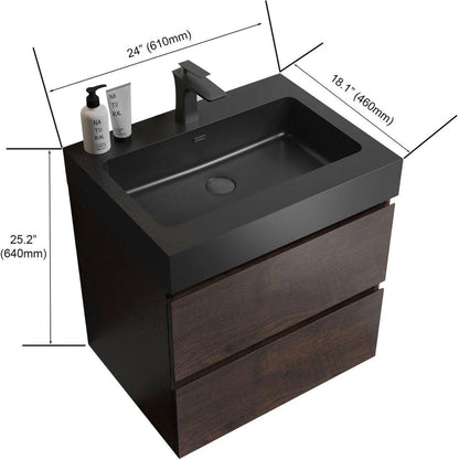 Alice 24" Walnut Bathroom Vanity with Sink, Large Storage Wall Mounted Floating Bathroom Vanity for Modern Bathroom, One-Piece Black Sink Basin without Drain and Faucet, Pre-assembled