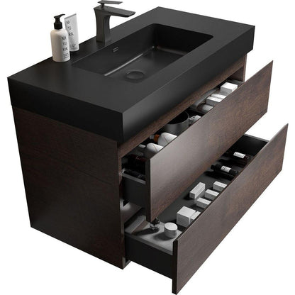 Alice 36" Walnut Bathroom Vanity with Sink, Large Storage Wall Mounted Floating Bathroom Vanity for Modern Bathroom, One-Piece Black Sink Basin without Drain and Faucet, Pre-assembled