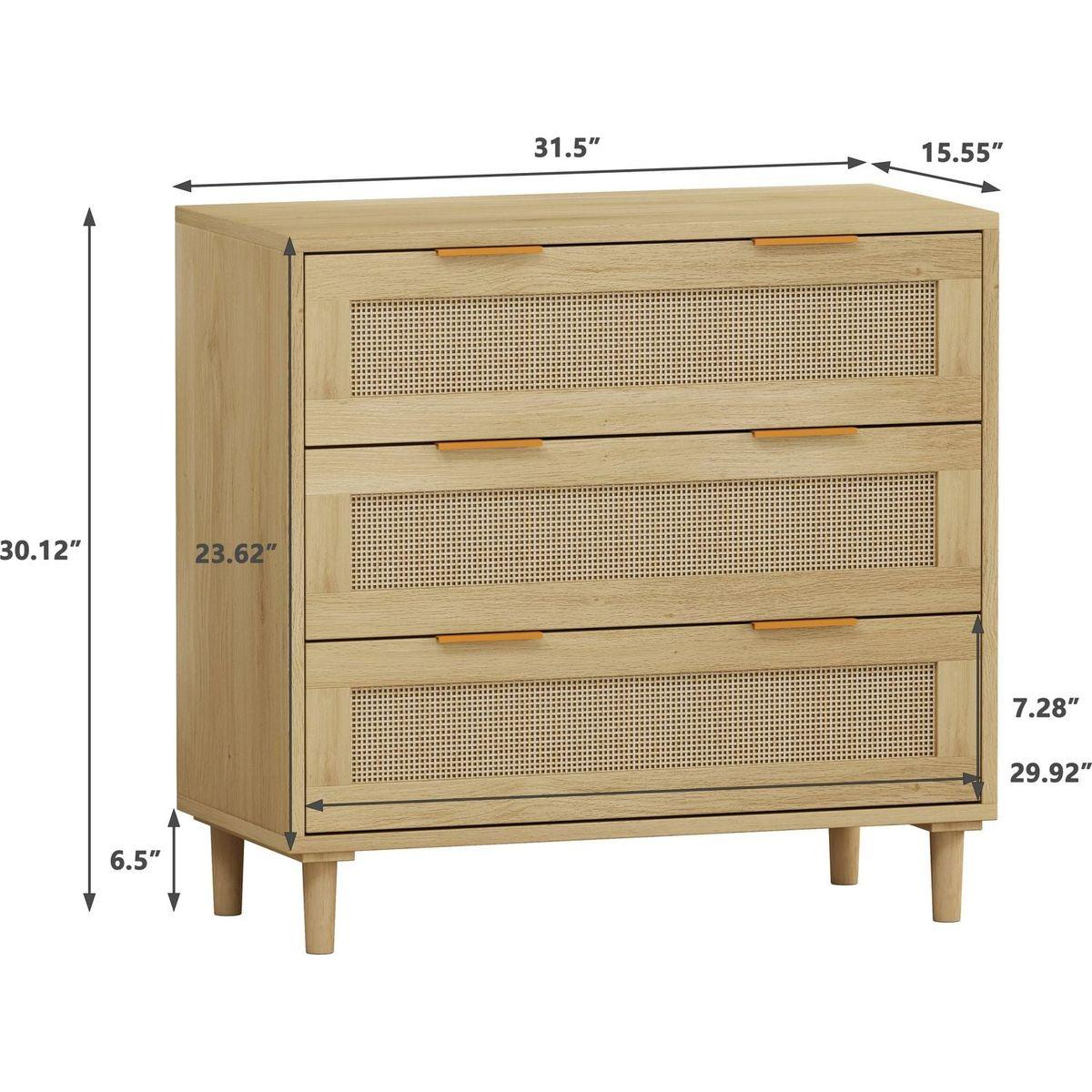 3-Drawers Rattan Storage Cabinet Rattan Drawer (Set of 2),for Bedroom,Living Room,Dining Room,Hallways,Oak