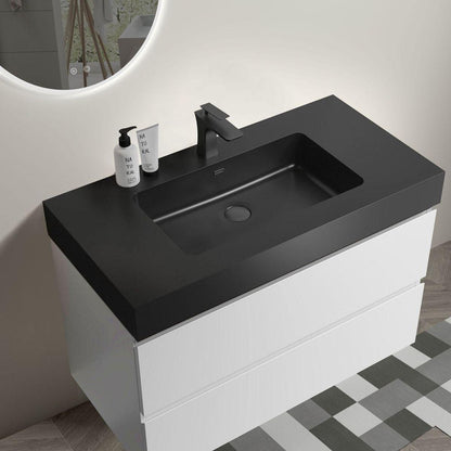 Alice 36" White Bathroom Vanity with Sink, Large Storage Wall Mounted Floating Bathroom Vanity for Modern Bathroom, One-Piece Black Sink Basin without Drain and Faucet, Pre-assembled