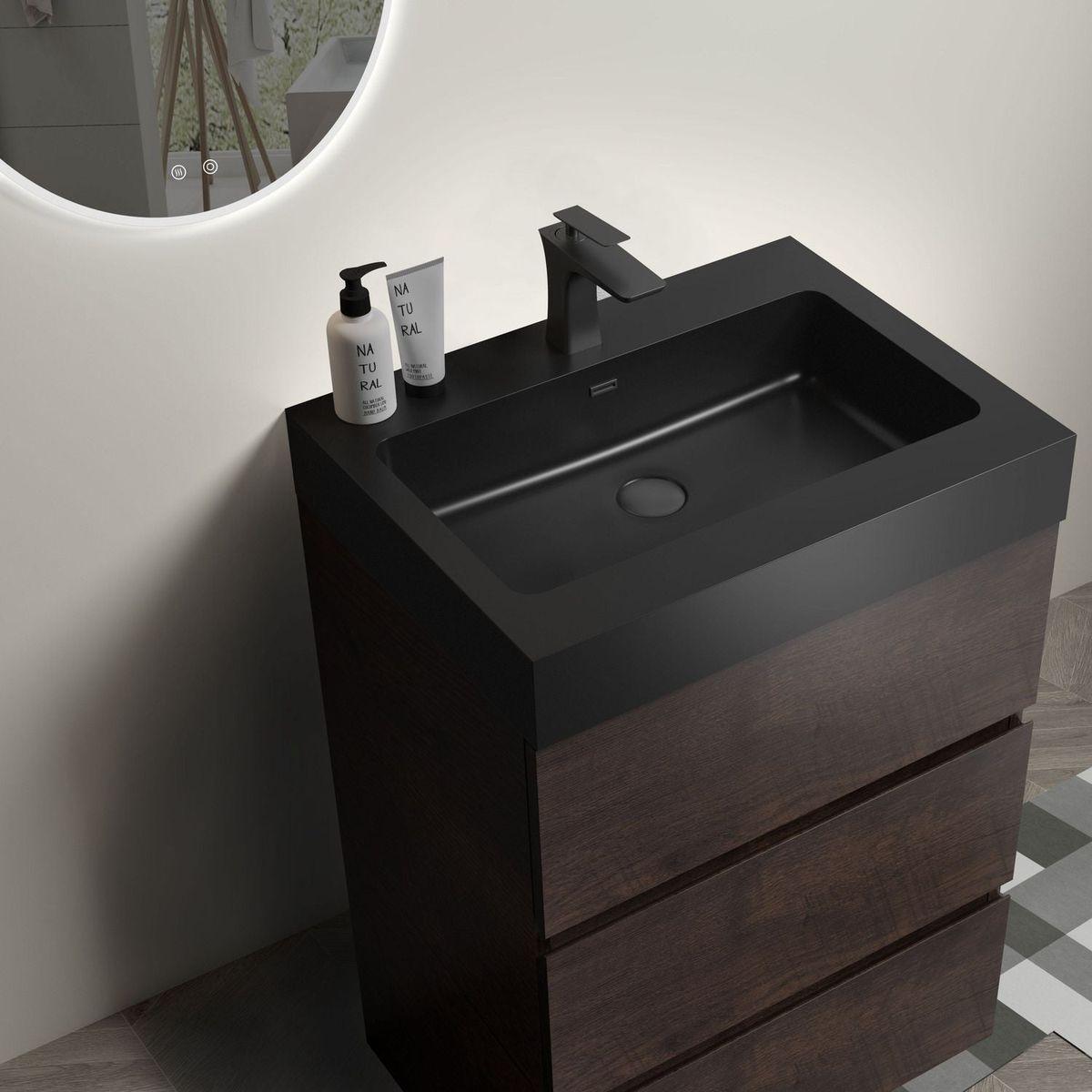 Alice 24" Walnut Bathroom Vanity with Sink, Large Storage Freestanding Bathroom Vanity for Modern Bathroom, One-Piece Black Sink Basin without Drain and Faucet, Pre-assembled