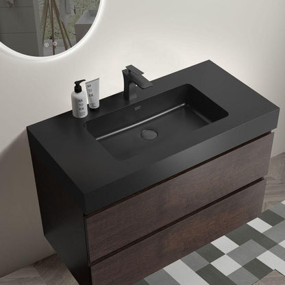 Alice 36" Walnut Bathroom Vanity with Sink, Large Storage Wall Mounted Floating Bathroom Vanity for Modern Bathroom, One-Piece Black Sink Basin without Drain and Faucet, Pre-assembled