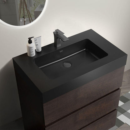 Alice 30" Walnut Bathroom Vanity with Sink, Large Storage Freestanding Bathroom Vanity for Modern Bathroom, One-Piece Black Sink Basin without Drain and Faucet, Pre-assembled