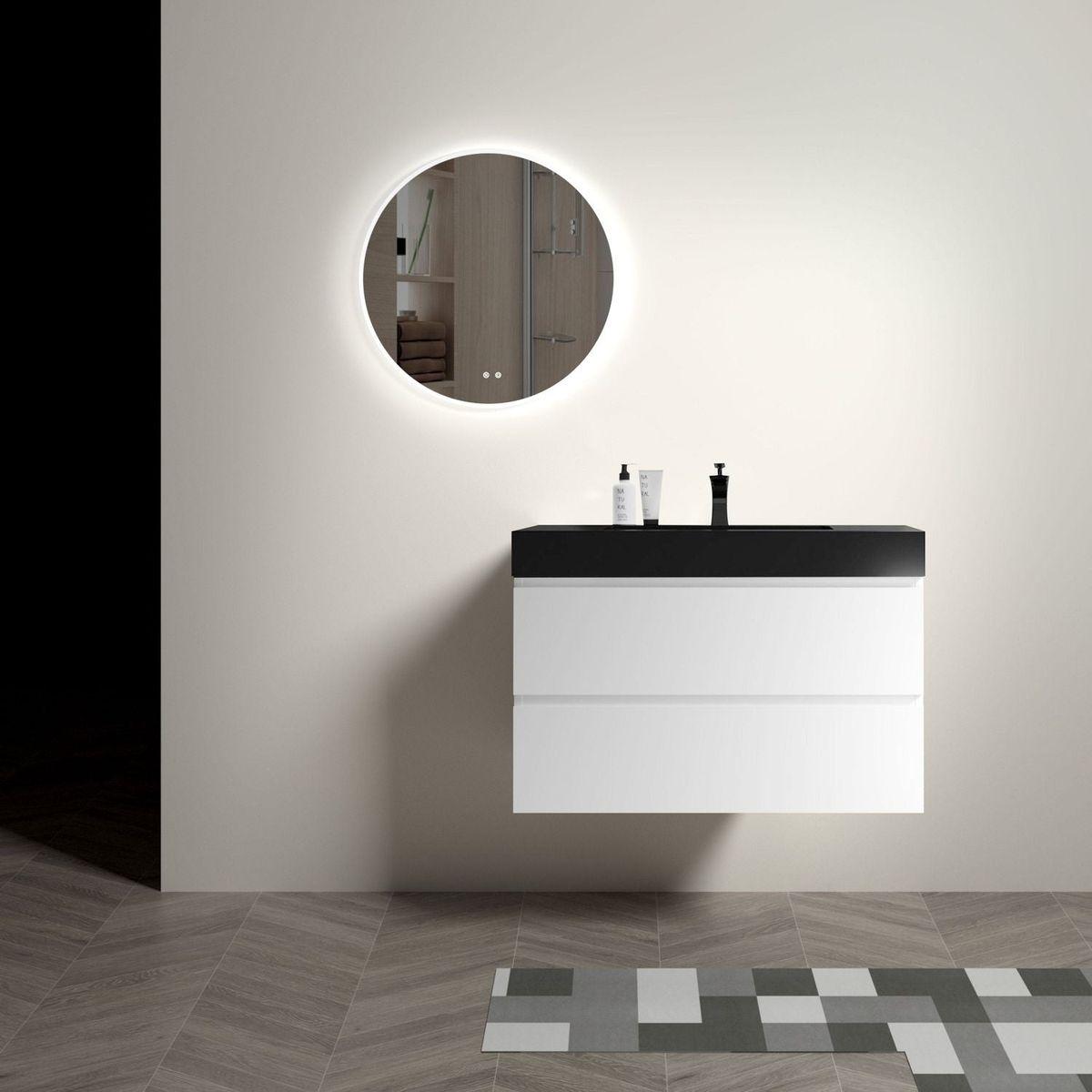 Alice 36" White Bathroom Vanity with Sink, Large Storage Wall Mounted Floating Bathroom Vanity for Modern Bathroom, One-Piece Black Sink Basin without Drain and Faucet, Pre-assembled