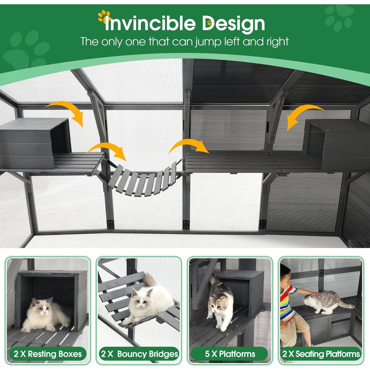 Luxury Cat Cage Outdoor Wooden Catio Enclosure Patio Large Cat Run House for Multiple Pets Walk in Kitten Kennel with Bouncy Bridge, Platforms, Small Houses, Seating and Sunshine Panel- 108.7", Gray